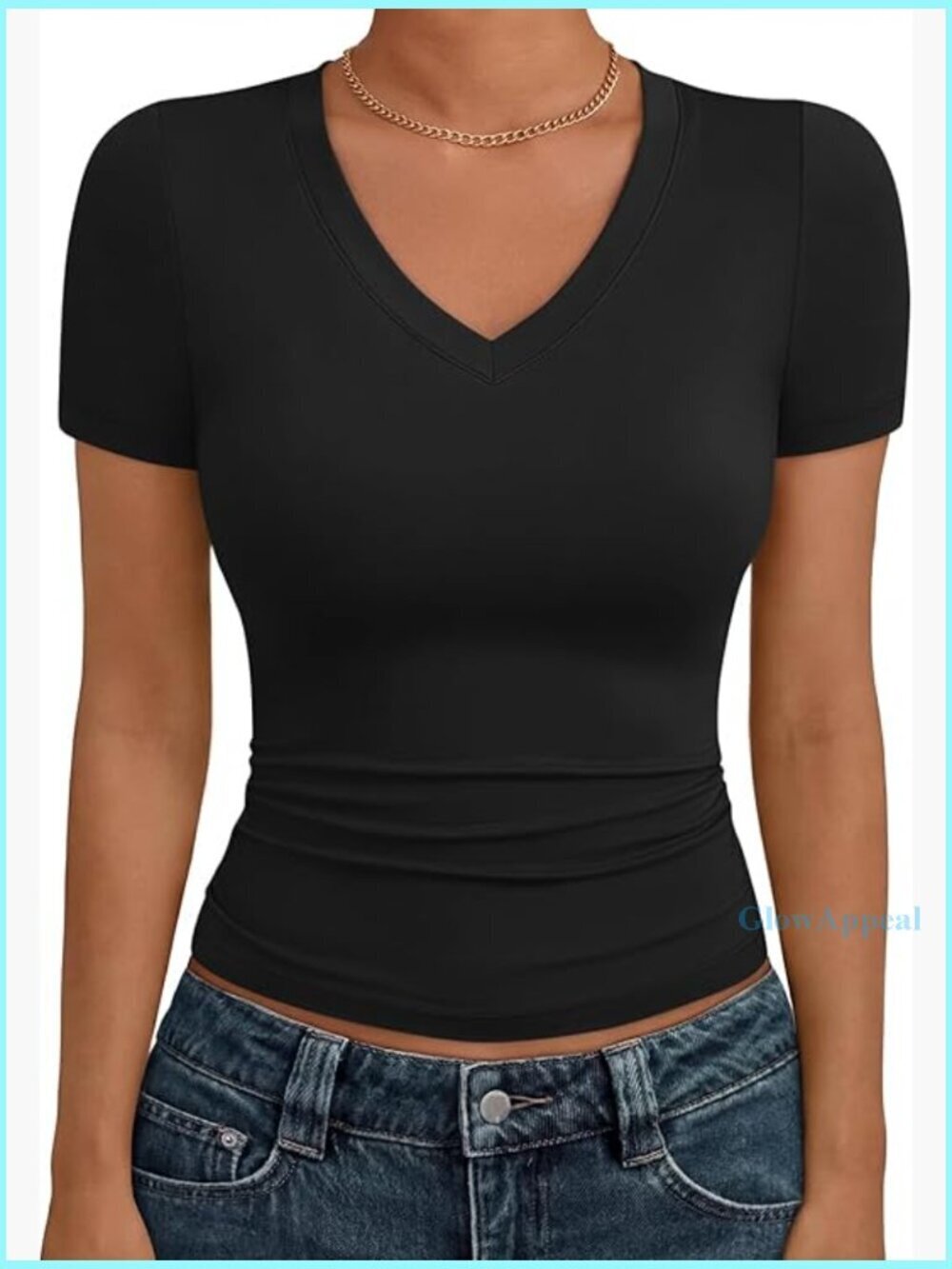 V-Neck Short Sleeve Crop Top Slim Fit T-Shirt Gym Workout Y2K Style